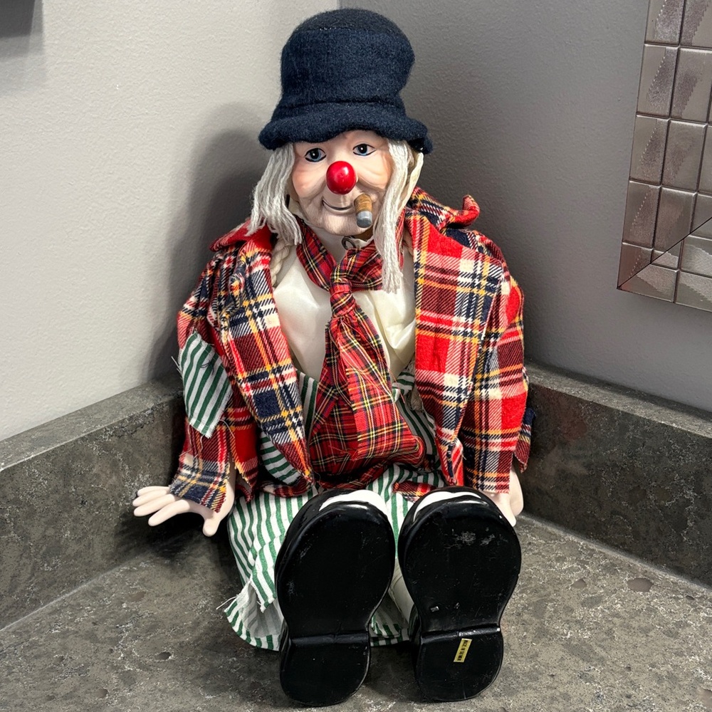 Vintage “Clyde the Hobo Clown” with porcelain face, hands and feet.